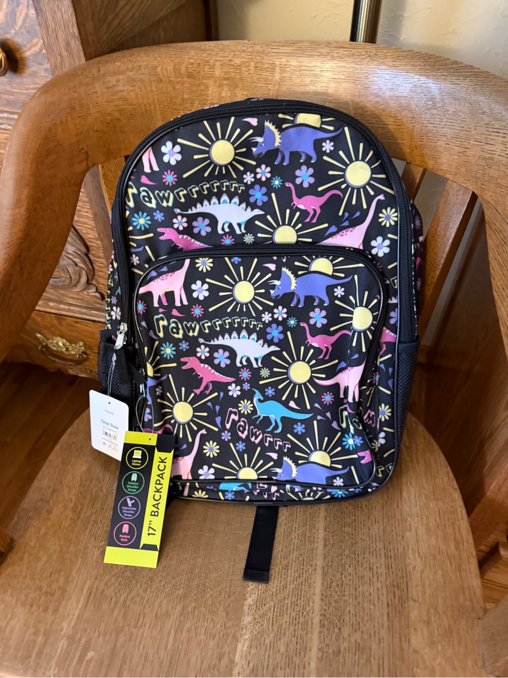 Wonder Nation Kids Black Backpack with Pastel Pink Dinosaurs and Sun Print NEW